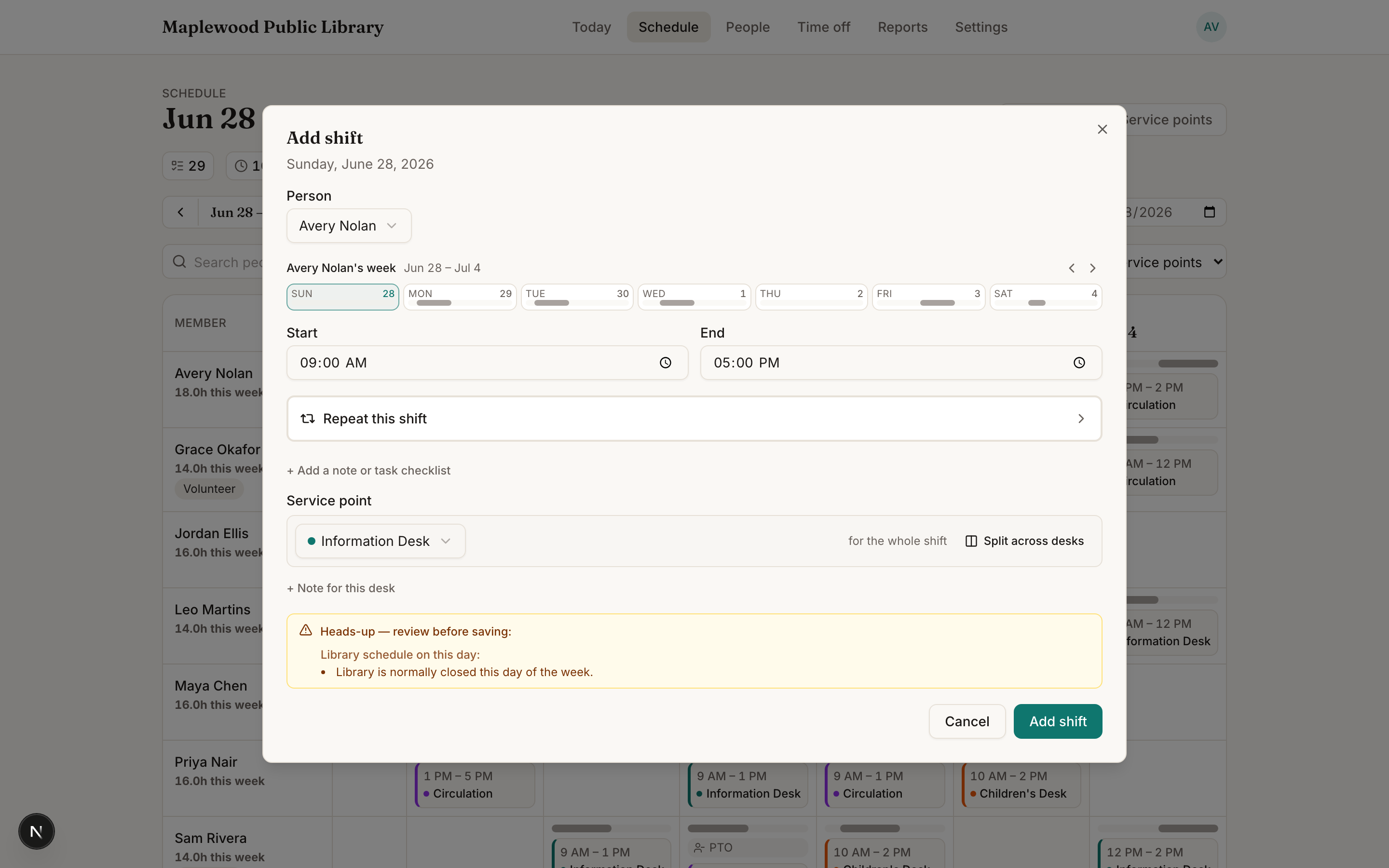 The Add shift dialog on the Schedule, showing the person, start and end times, and service point