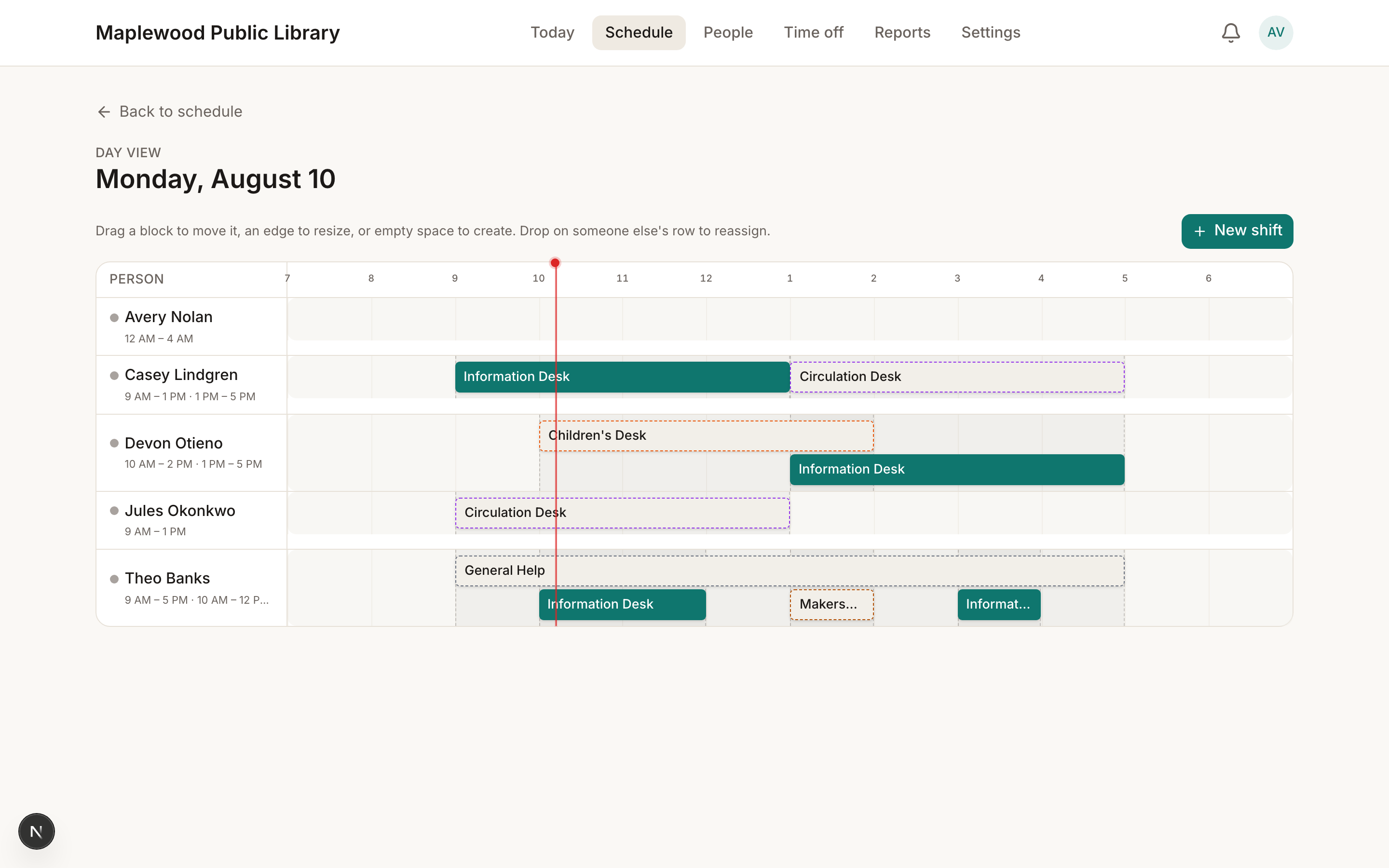Day view showing several people as rows across a shared time axis, with colored shift blocks on each row