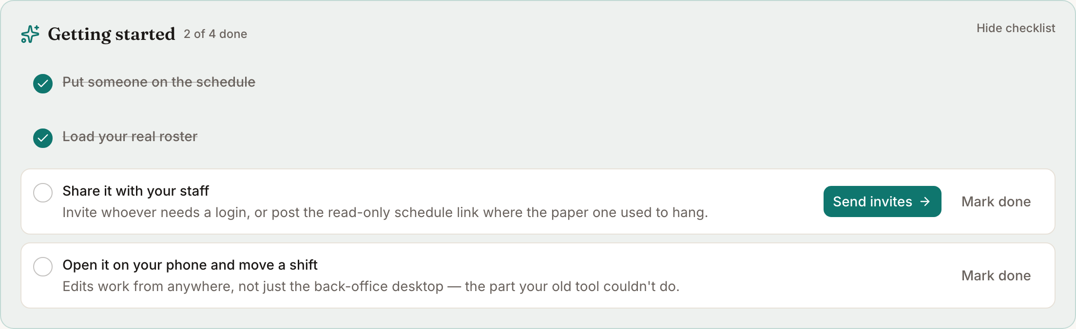 The Getting started checklist on the Today board, tracking first-time setup tasks