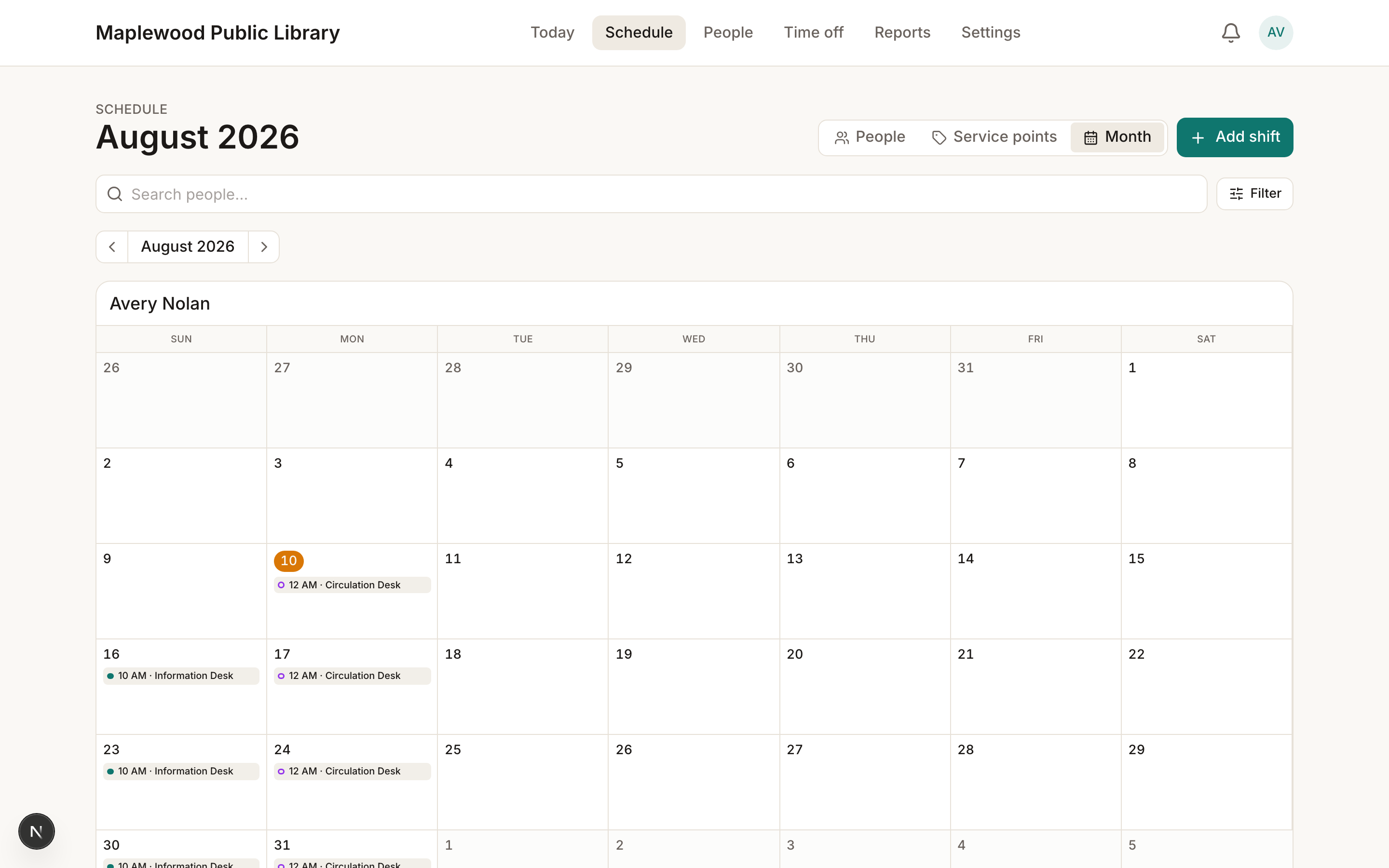 The Schedule in Month view, showing a full month with each person's shifts laid out day by day