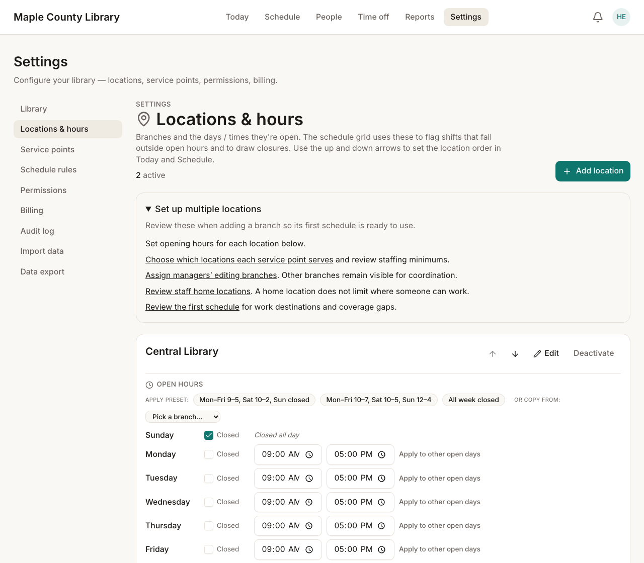 Locations and hours settings showing two active locations, the expanded setup guide, and Central Library’s opening hours