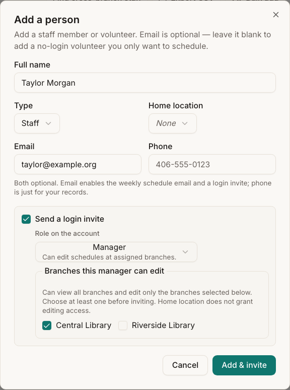 Add person dialog with the Manager role selected and Central Library checked under Branches this manager can edit