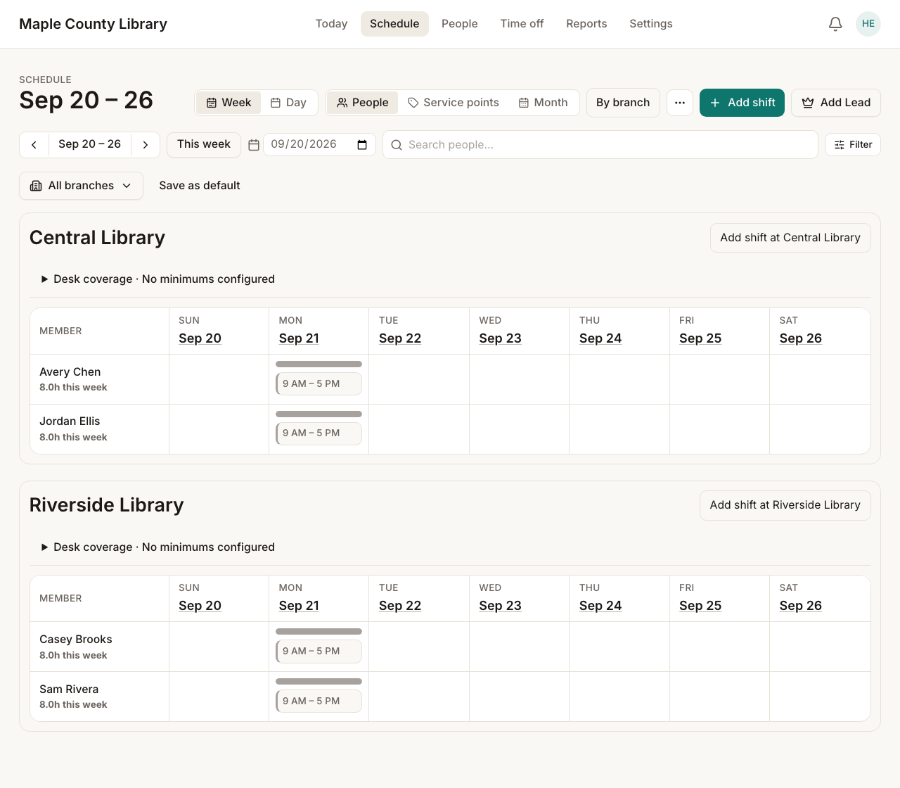 Schedule in People view with separate Central Library and Riverside Library sections and a Work branches filter