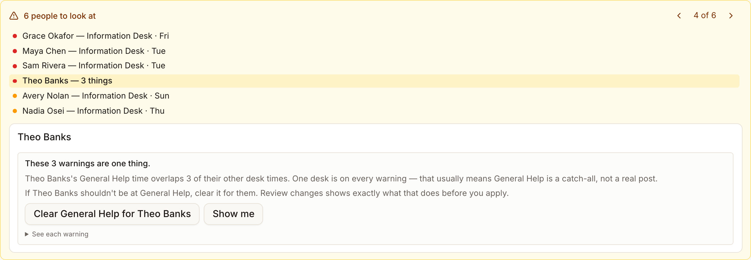 Theo Banks's card: 'These 3 warnings are one thing — Theo Banks's General Help time overlaps 3 of their other desk times', with a Clear General Help for Theo Banks button
